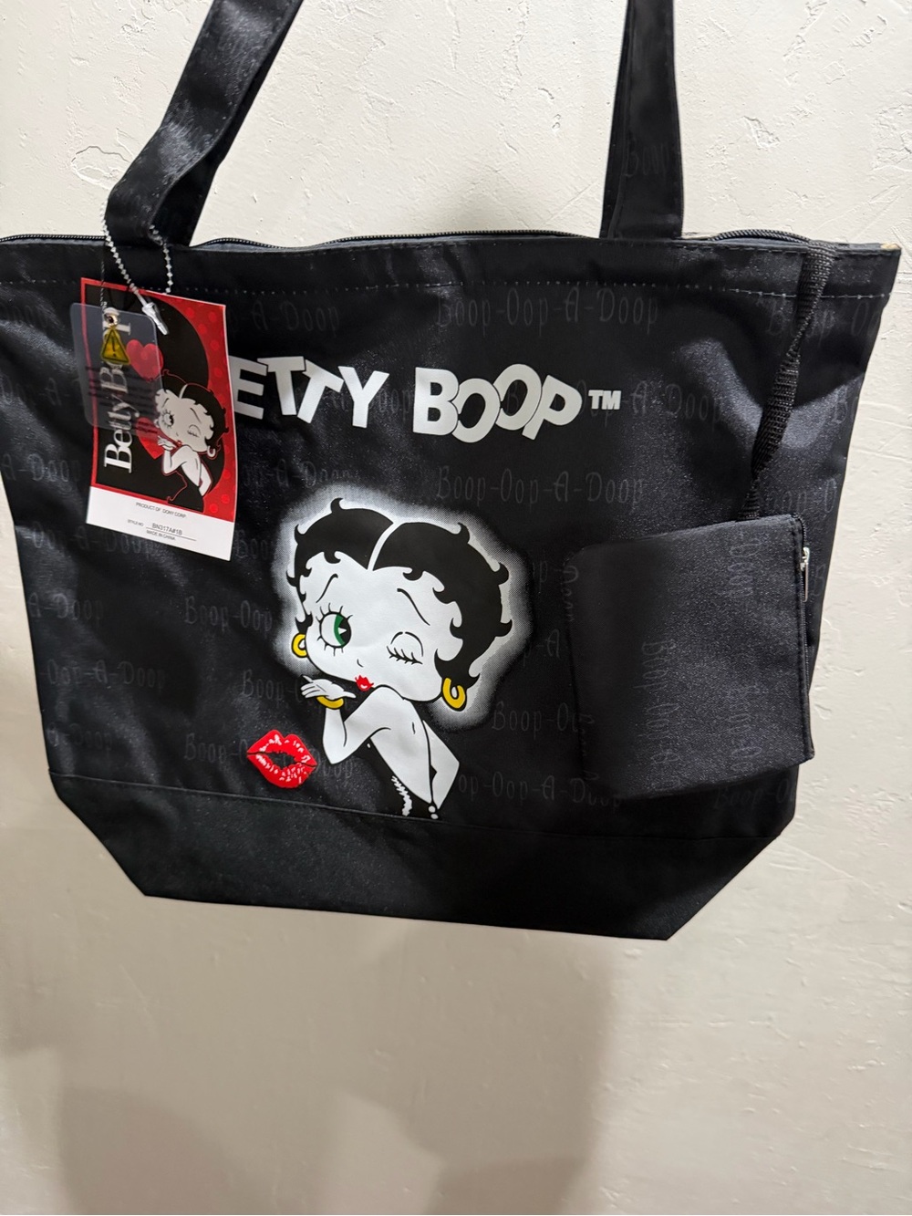 Betty Boop Black Tote with Graphic Kiss Detail with Coin Purse.
